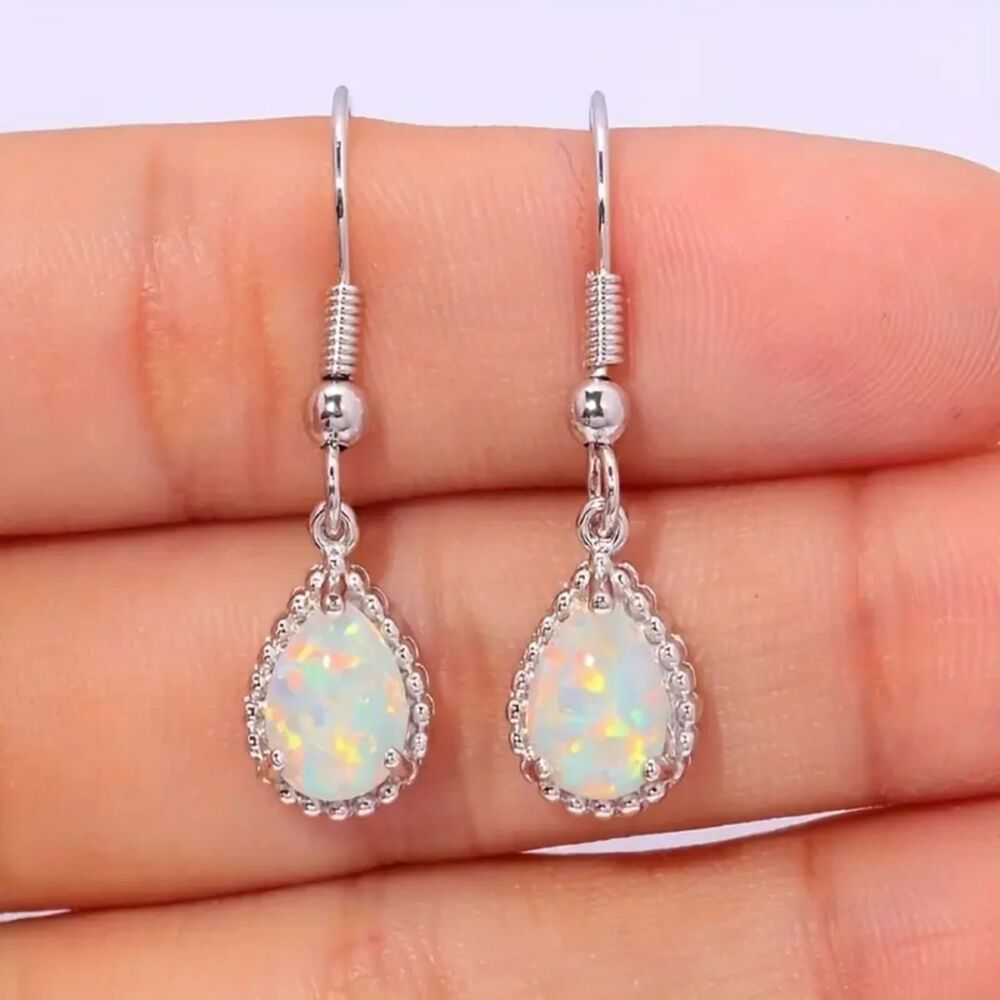 Silver Plated Opal Gemstone Dangle Earrings Teardrop Crystal Drop Pendant Charm